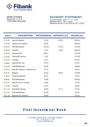 Download Bulgaria Fibank First Investment bank statement word